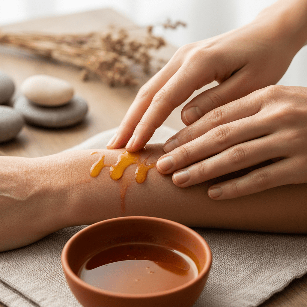 Hands applying golden-orange sea buckthorn oil to dry skin in a calm skincare setting
