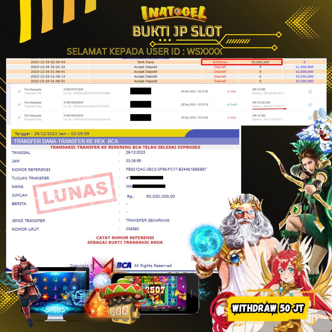 BUKTI PEMBAYARAN JP SLOT FIRE STAMPEDE Rp50,000,000,- LUNAS