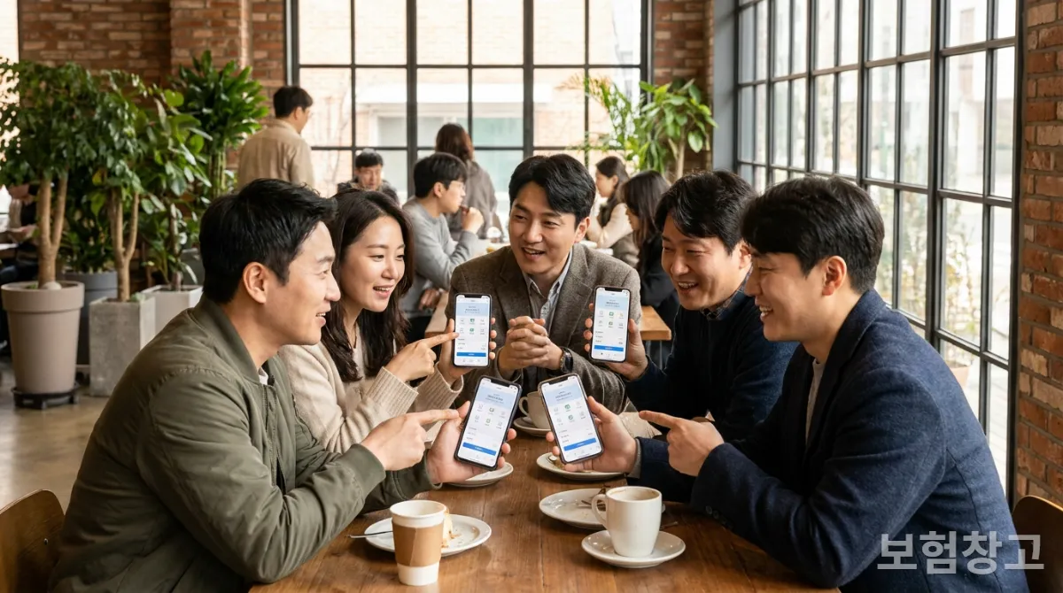 30~40대 한국인들이 밝고 현대적인 카페에서 각자 스마트폰으로 다른 보험 비교 앱을 보며 진지하게 대화하는 모습, 한국 라이프스타일 배경