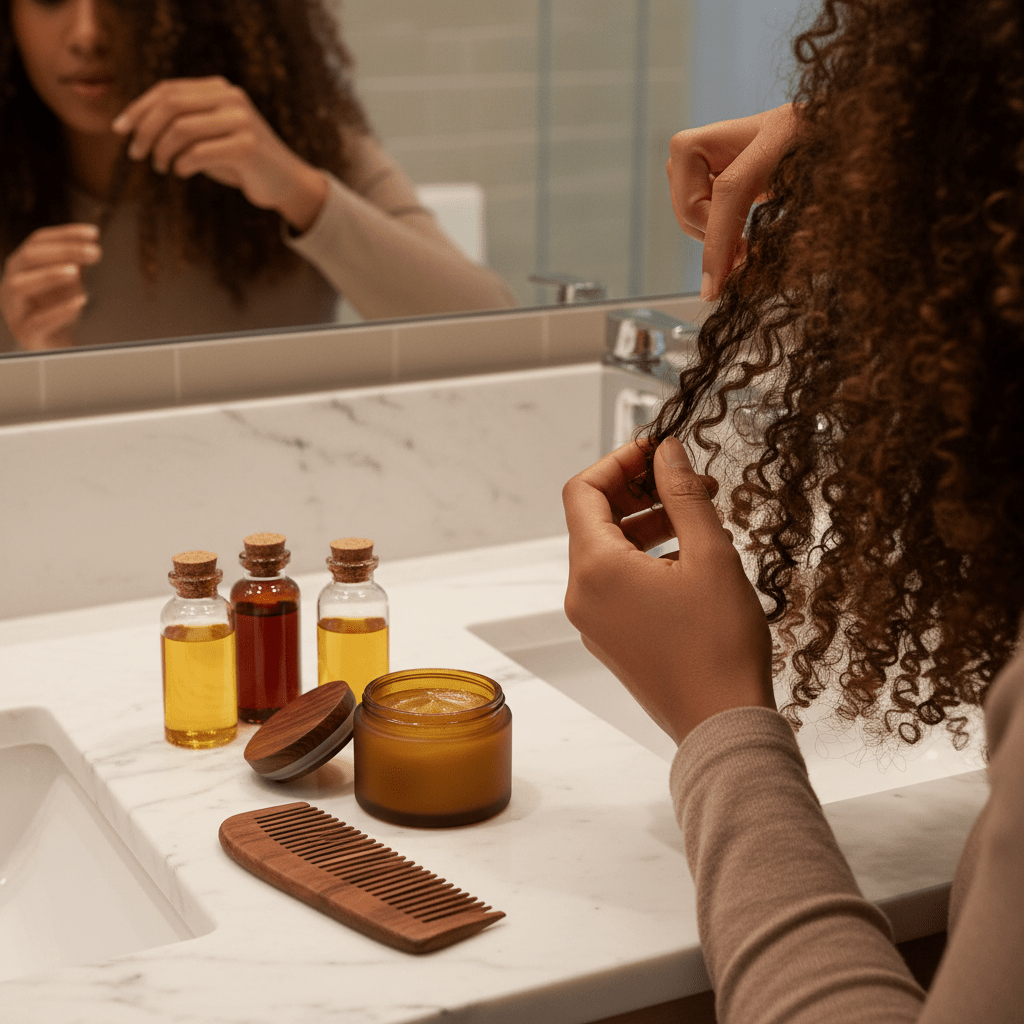 Natural hair styling setup with beeswax jar and textured hair testing pomade