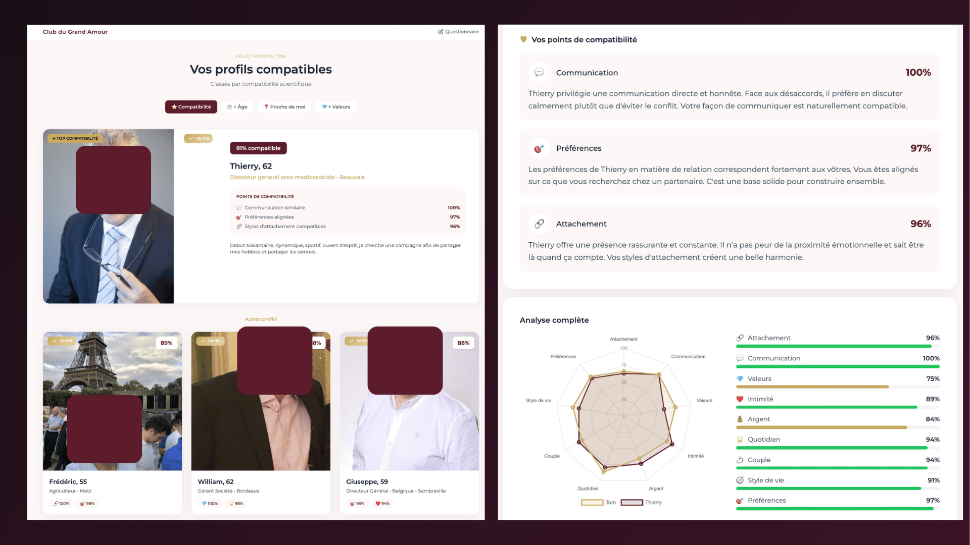 Aperçu de la plateforme — profils d'hommes compatibles