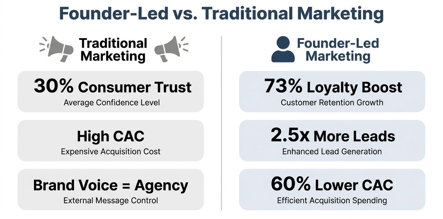 Side-by-side comparison infographic: Traditional Marketing (30% consumer trust, high CAC, agency brand voice) versus Founder-Led Marketing (73% loyalty boost, 2.5x more leads, 60% lower CAC) — The Zulu Method