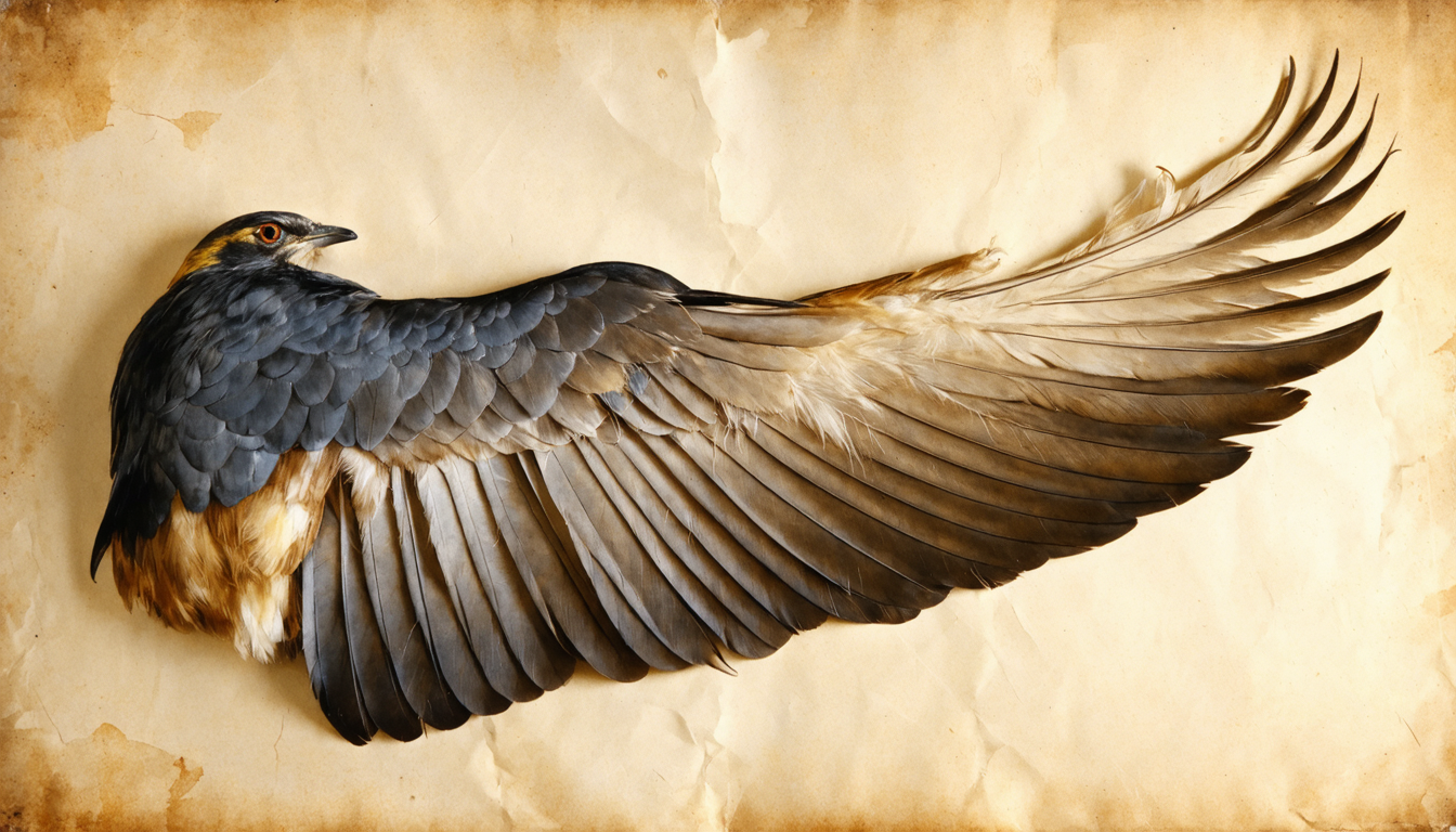 A bird's wing dissected and pinned open on aged parchment, viewed from above, with detailed feather structures visible.