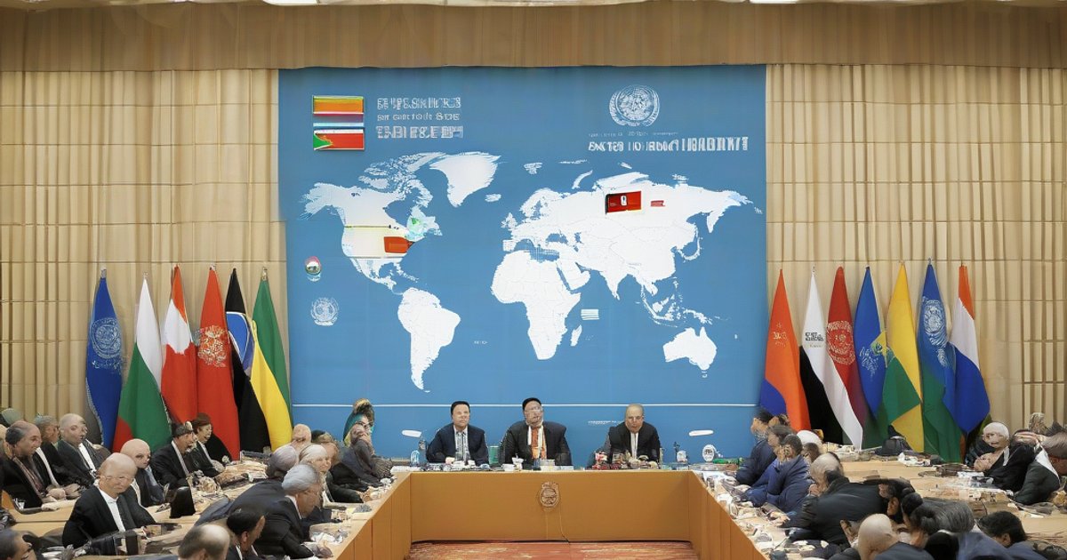 World map with diplomatic flags, BRICS logo, and 9/11 memorial symbols representing global international relations and