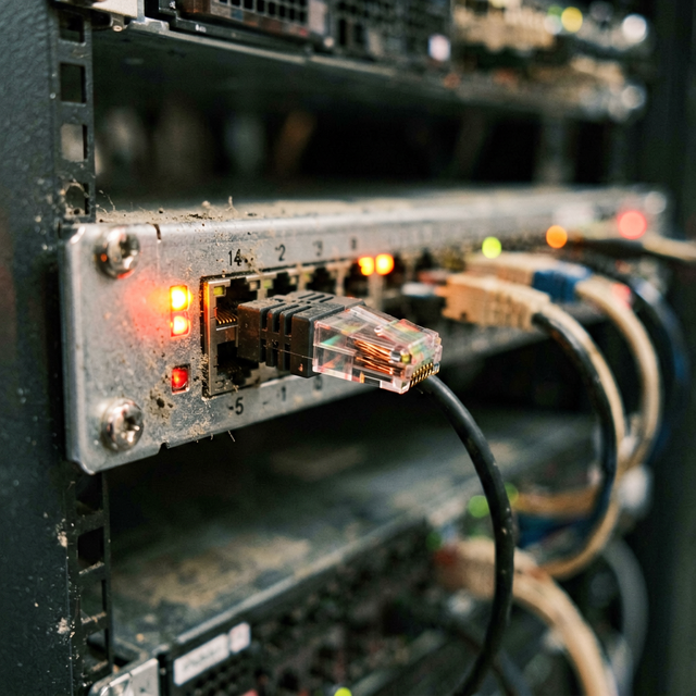 Close-up detail shot of server rack with blinking amber alert LEDs, unplugged network cable dangling loosely from port, dust particles on me