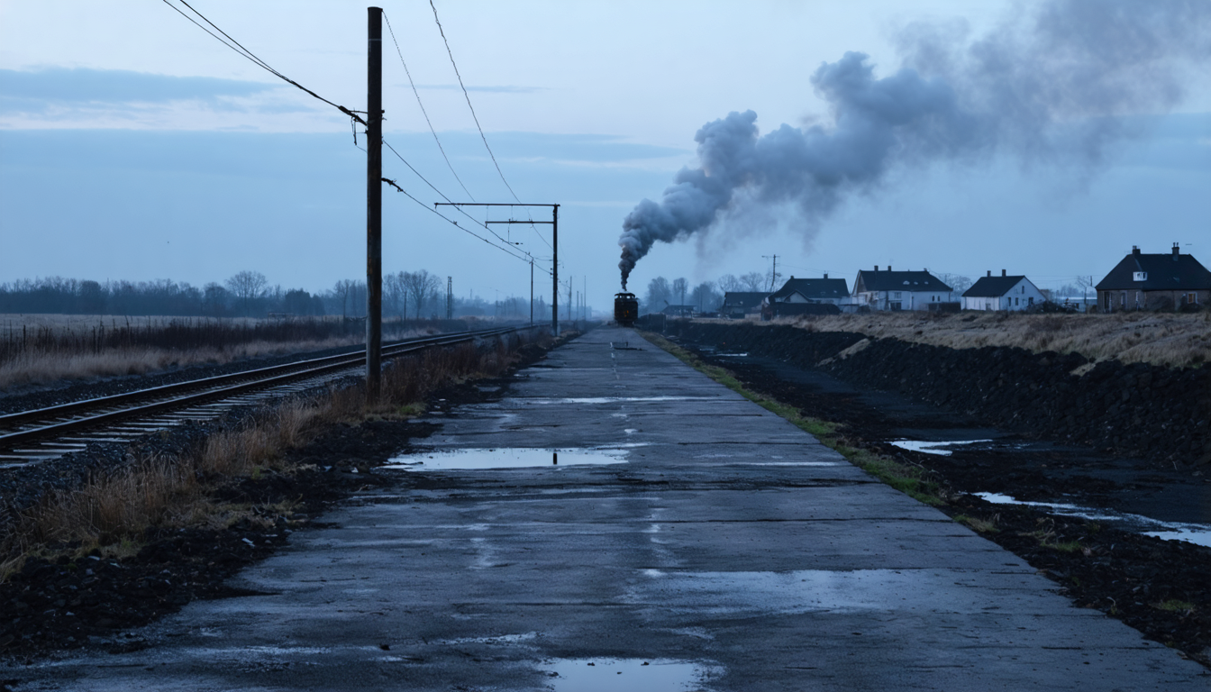A sooty railway line running to an empty horizon while faint smoke drifts down onto distant houses under a heavy grey sky.