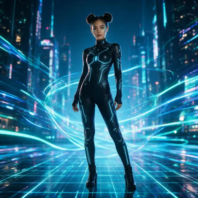 A girl with double buns hairstyle styled sharply, wearing cool futuristic makeup with glowing accents and metallic tones, wearing a sleek form-fitting cyber suit with illuminated neon lines and geometric patterns, standing confidently in a glowing digital cityscape, looking powerful and heroic, full-body view, neon blue and cyan light trails surrounding her, reflective grid floor beneath her feet, dramatic sci-fi lighting, cinematic composition, ultra-realistic, high detail, futuristic cyberpunk aesthetic, high-end sci-fi concept art style