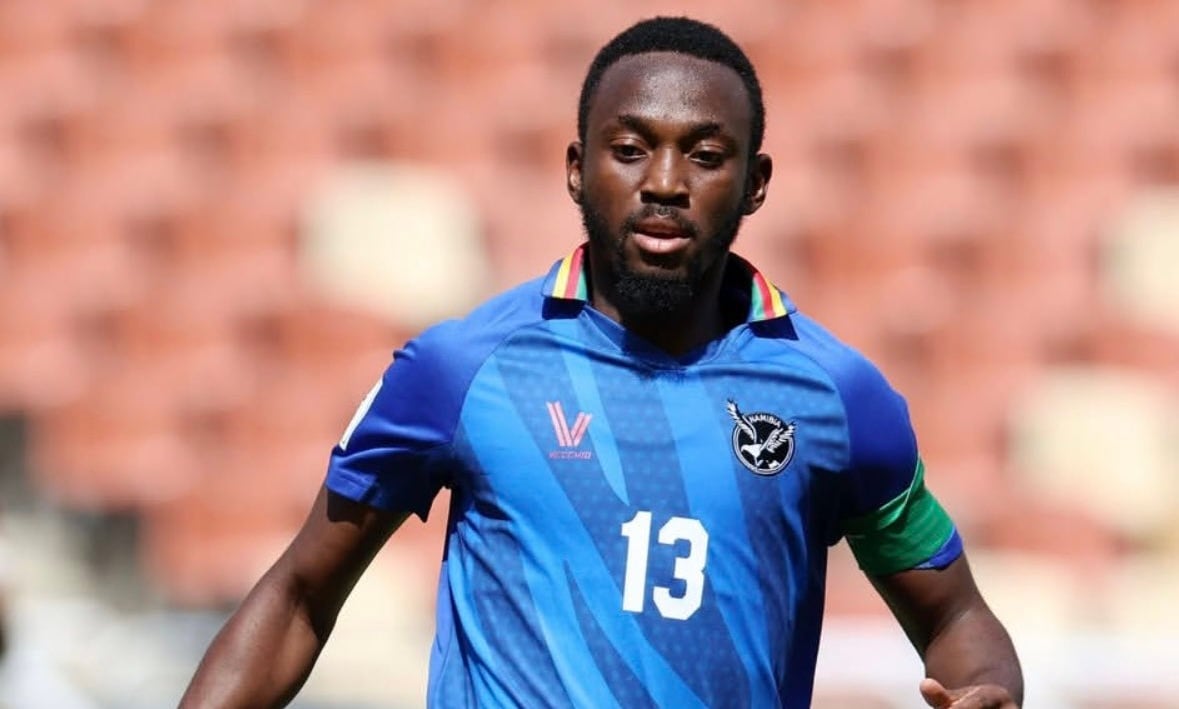 Peter Shalulile celebrating a goal for the Namibian national team