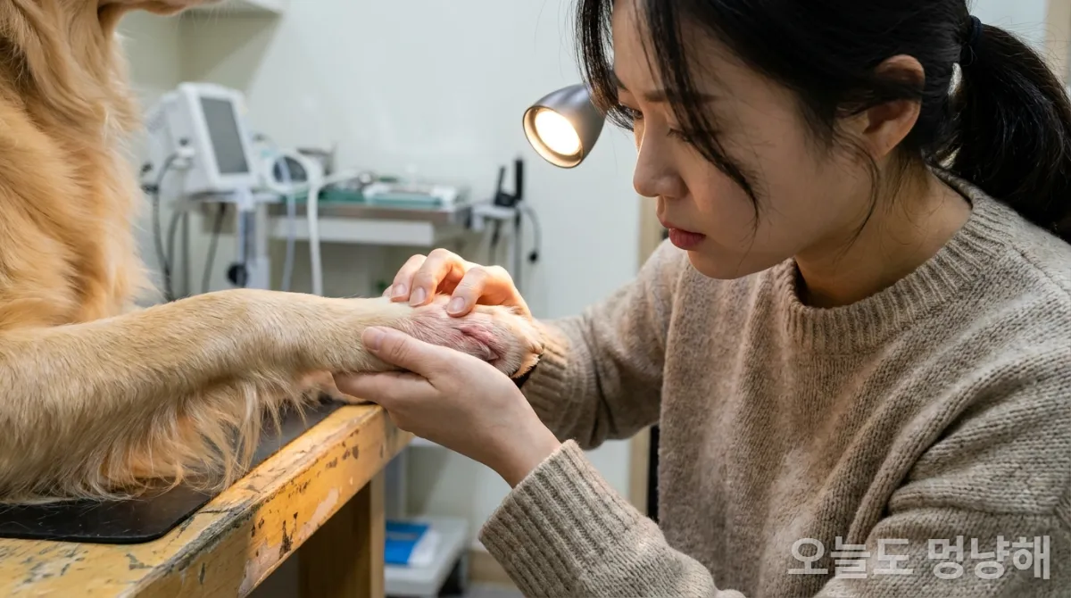 30대 한국인이 약간 붉고 부어오른 강아지 발바닥을 걱정스러운 표정으로 조심스럽게 살펴보는 모습, 수의과 진료실 배경
