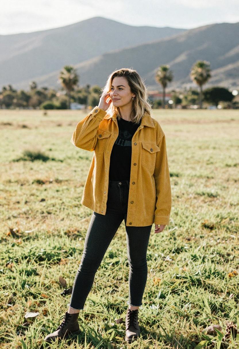 Mustard yellow corduroy jacket over graphic tee and frayed jeans for indie concert style