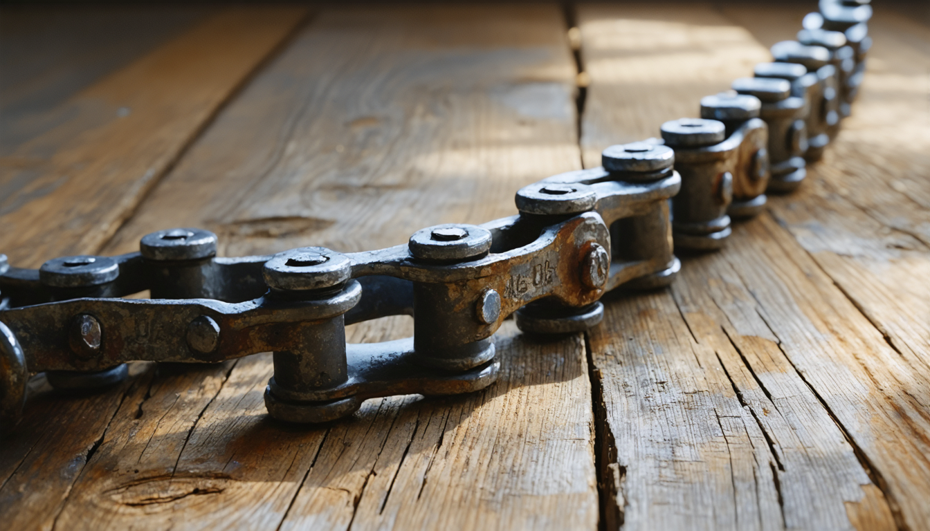 Close study of an old bicycle chain, one link darkened and rusted, resting on worn wood in low window light.