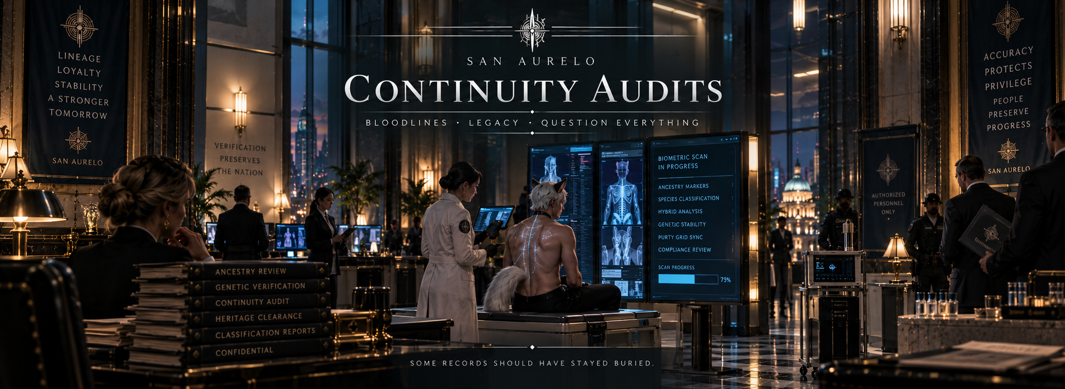 A demi-human undergoing a high-security genetic and ancestry scan during a San Aurelan Continuity Audit.