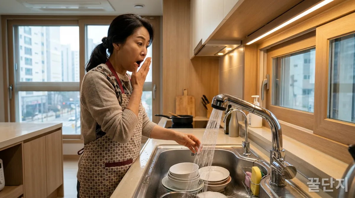 40대 한국인이 설거지하는 동안 수도꼭지에서 물이 낭비되는 것을 보고 놀라는 모습, 깔끔한 주방 배경
