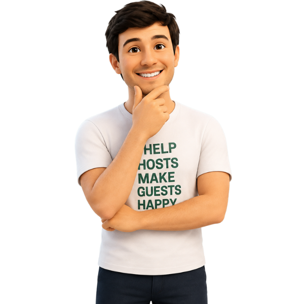 Personagem do Meu Anfitrião com expressão pensativa, vestindo a camiseta I help hosts make guests happy