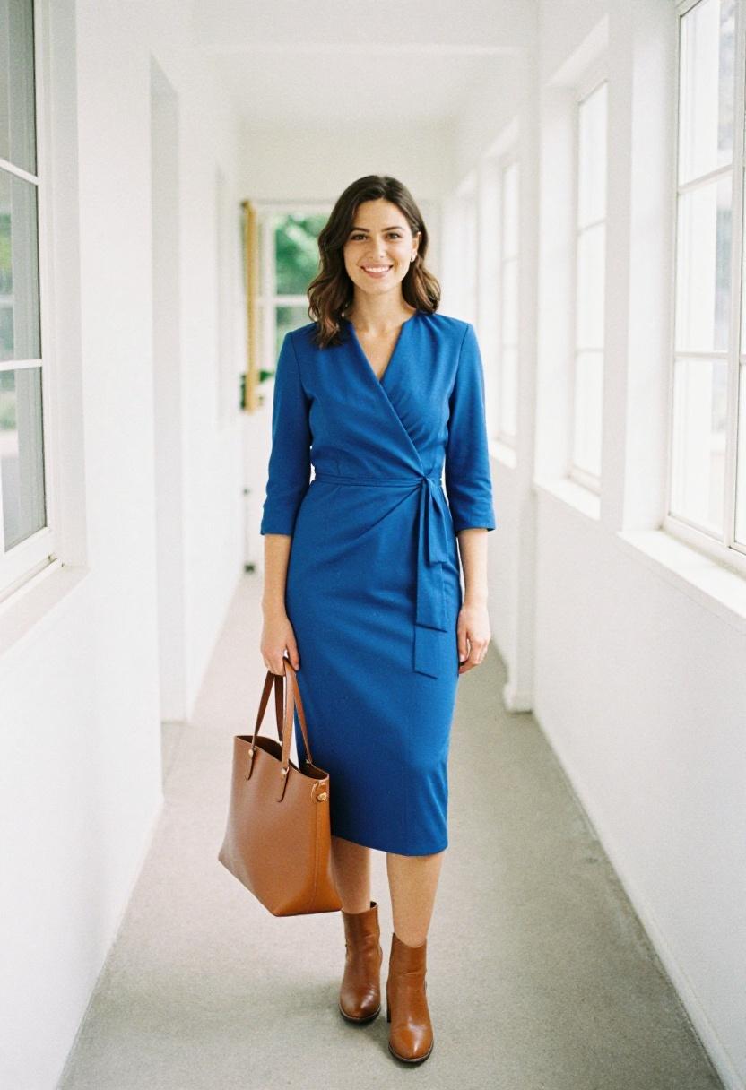 Sapphire blue wrap midi dress with cognac block heels for WFH elegance