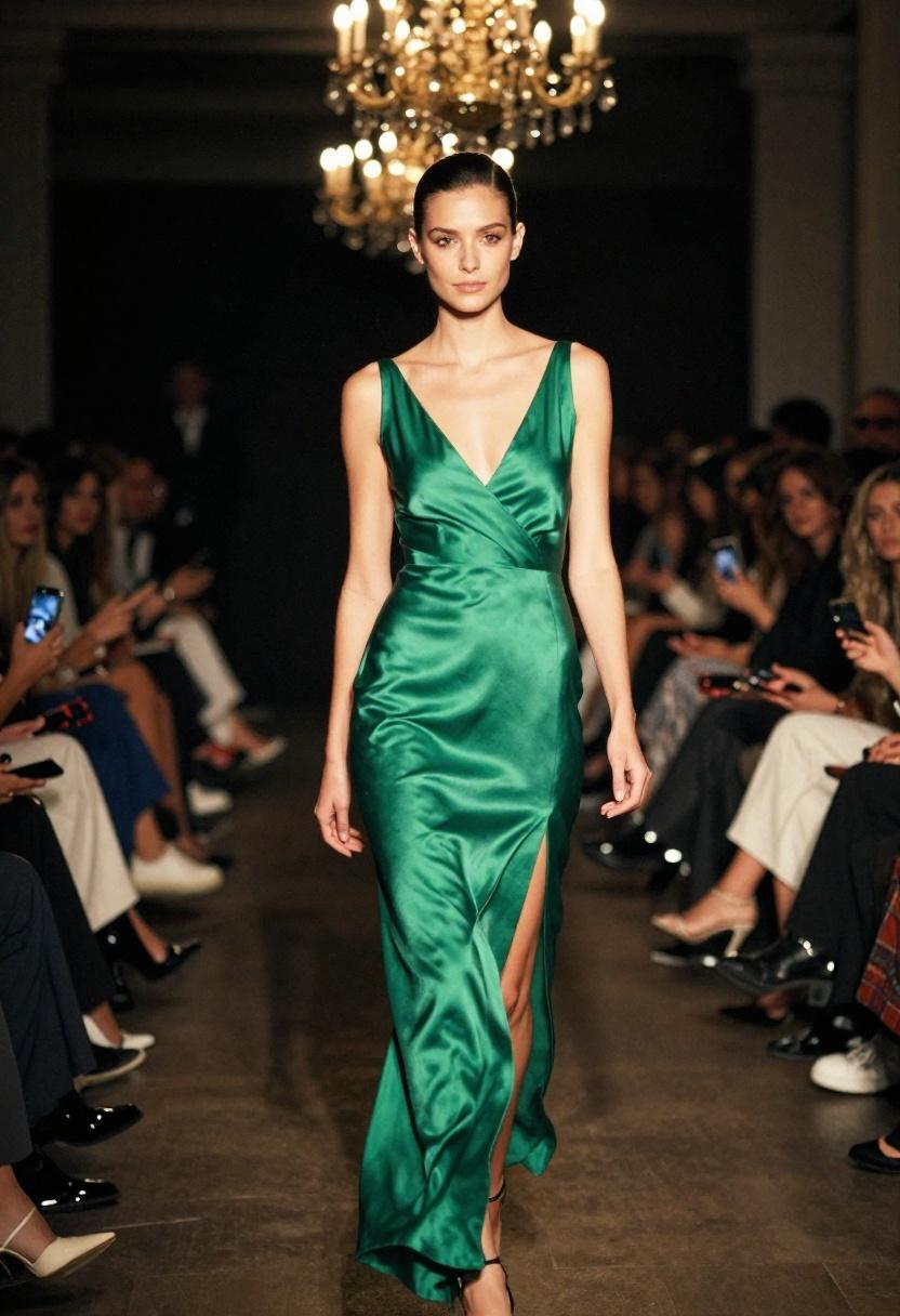 Flowing emerald satin dress with sophisticated drama for jazz night out