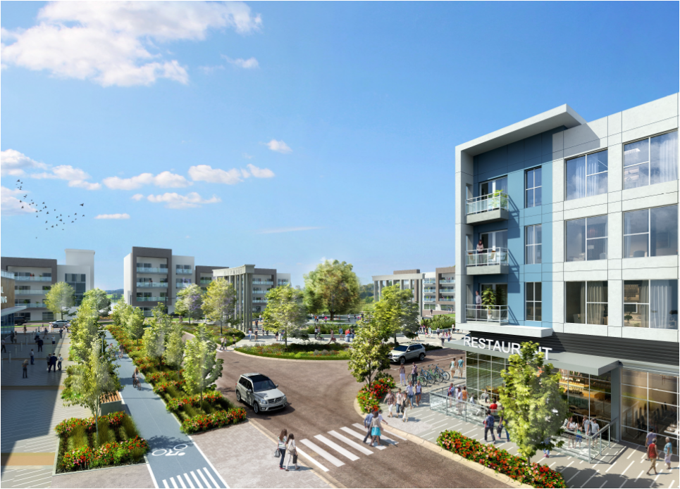 Olympus Town Center rendering showing pedestrian streets, restaurants, and mid-rise buildings
