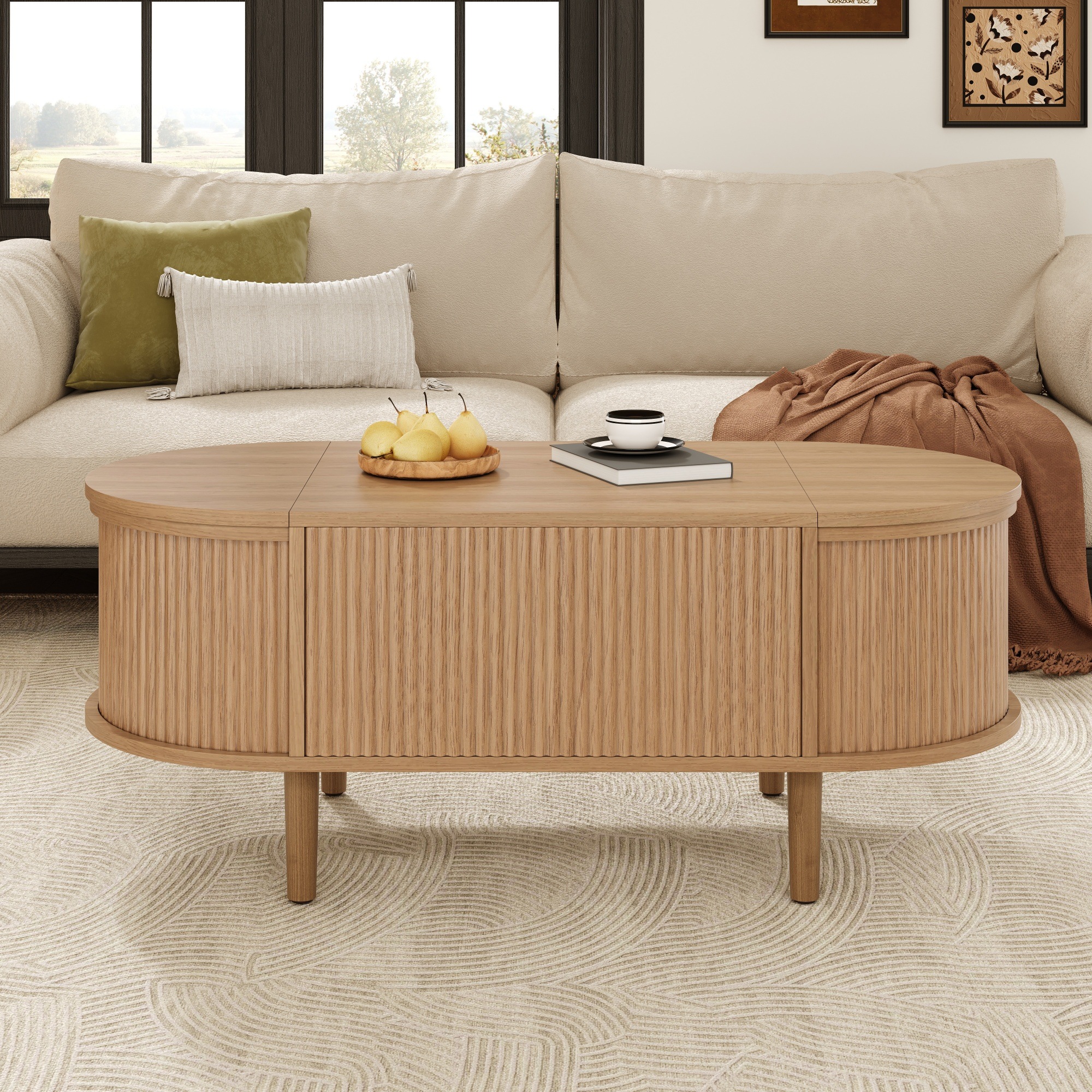 Table Basse Chêne, Rangement, Étagères Réglables, Plan Relevable, Design Moderne, Structure Robuste - Panneau composite de fibres de bois à densité et Bois - 100x48x53.5cm 3