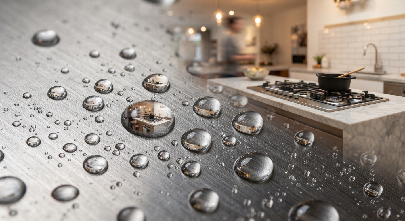 Gros plan sur de l'acier inoxydable brossé pour crédence de cuisine technique.
