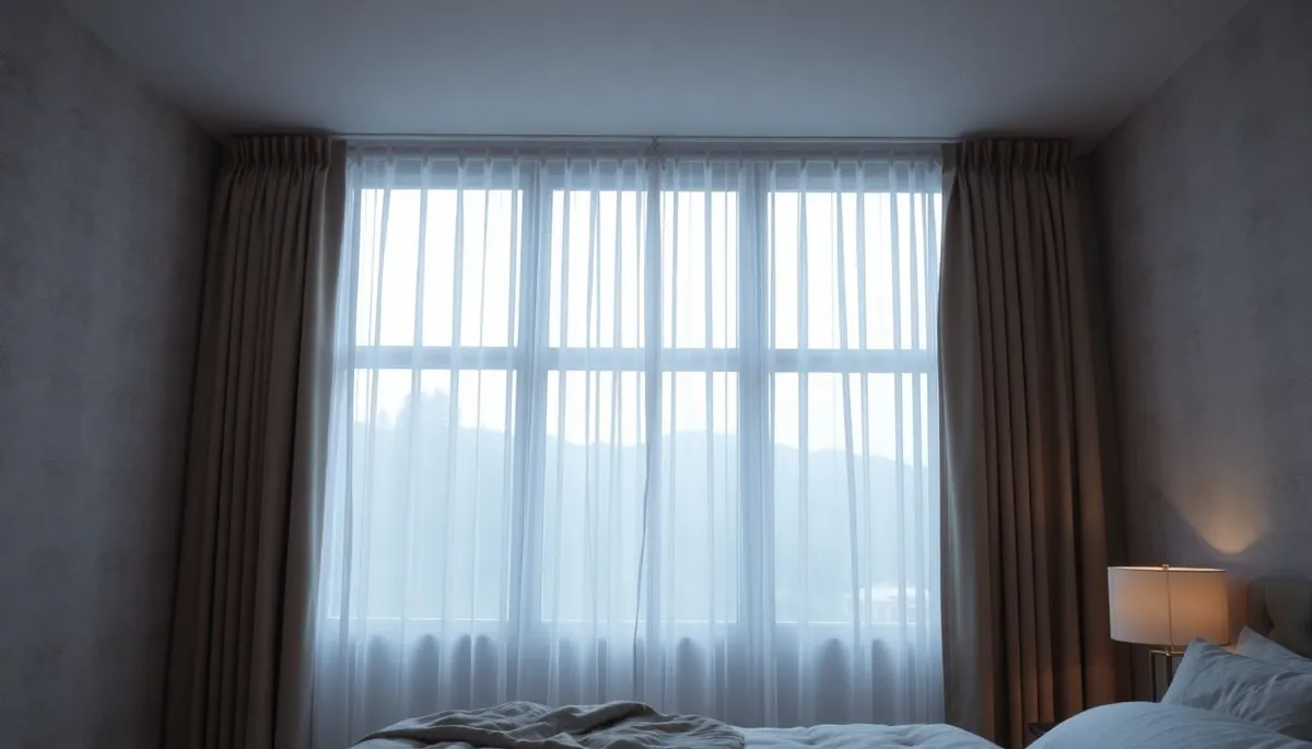 Bedroom with layered window treatments showing sheer curtains and heavy drapes on ceiling-mounted tracks