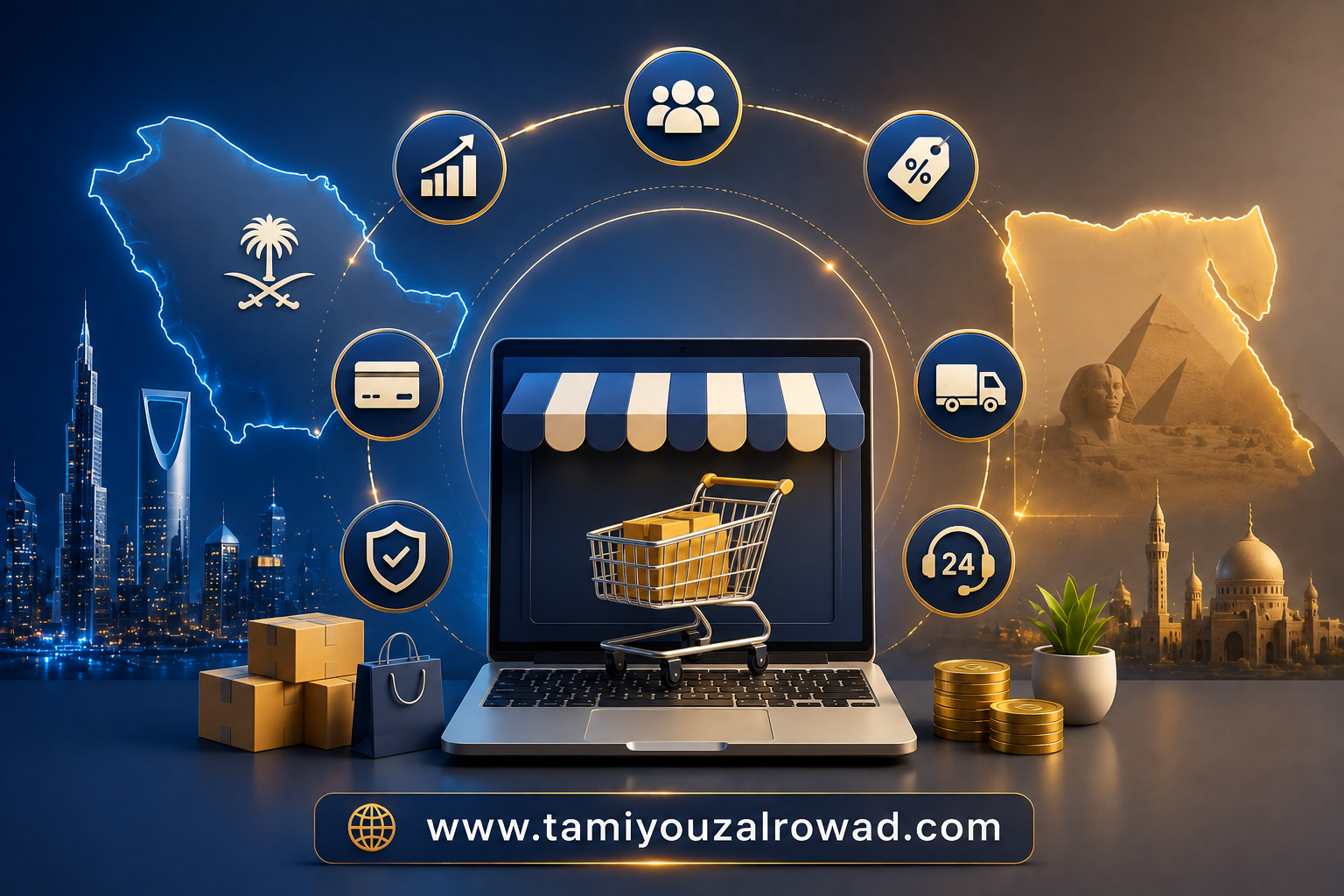 رسم توضيحي يشرح مميزات التجارة الإلكترونية للمتاجر في السعودية ومصر