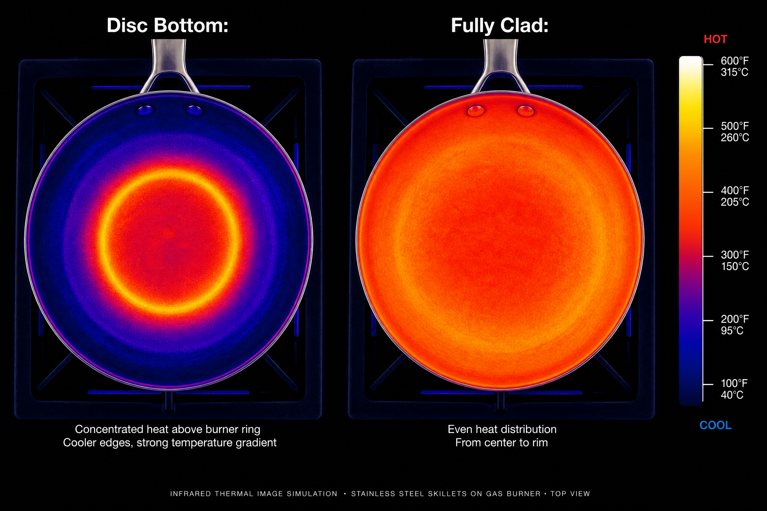 Infrared thermal imaging comparison showing heat distribution difference between disc bottom and fully clad stainless steel skillet on gas burner — hot spot concentration vs even distribution
