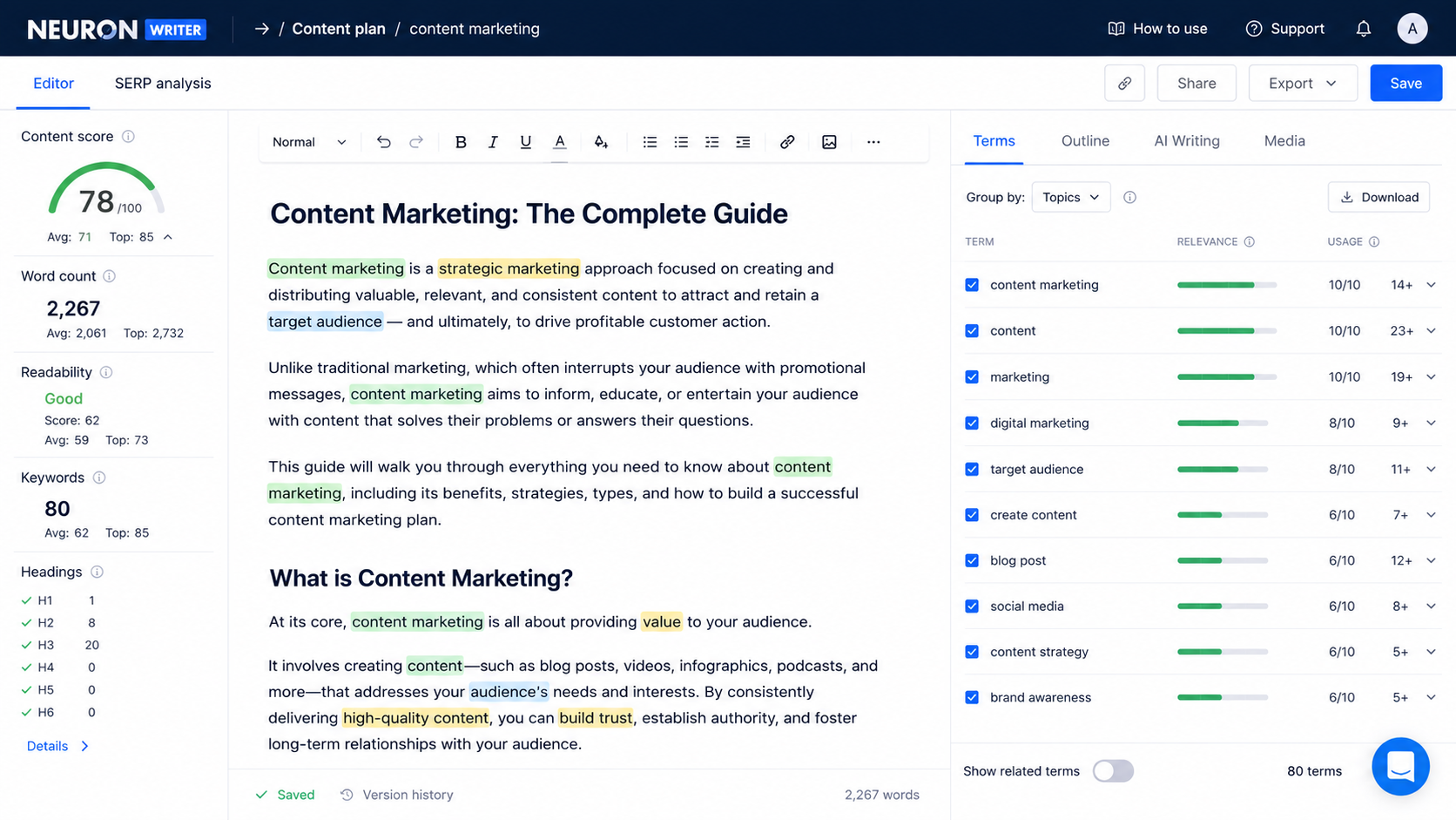 NeuronWriter Content Optimization and Semantic SEO Dashboard NeuronWriter dashboard showing semantic SEO analysis, content scores, NLP keyword suggestions, and content optimization tools