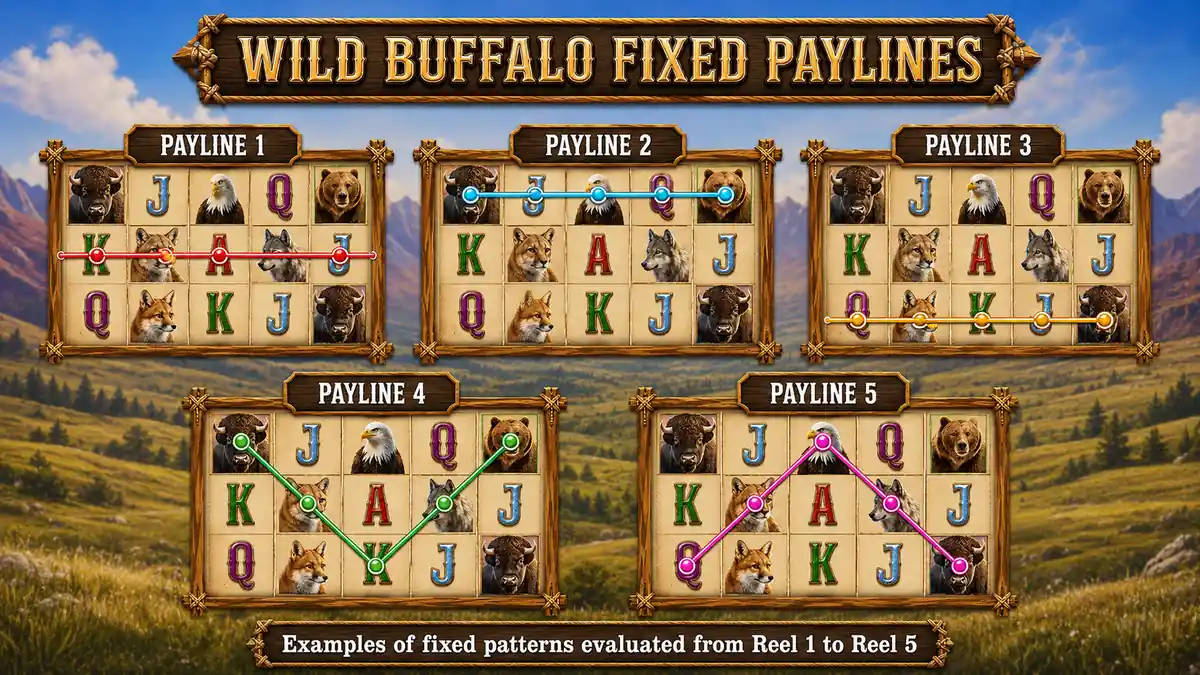 Examples of fixed payline patterns in the Wild Buffalo slot