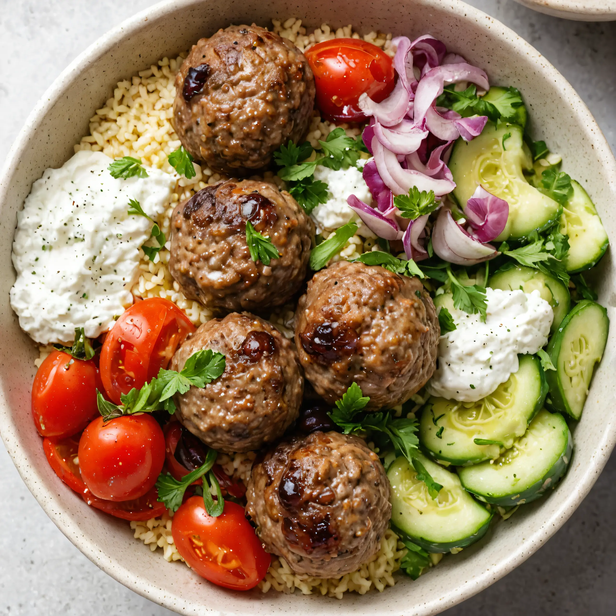 Mediterranean Lamb Meatball Bowls Dish