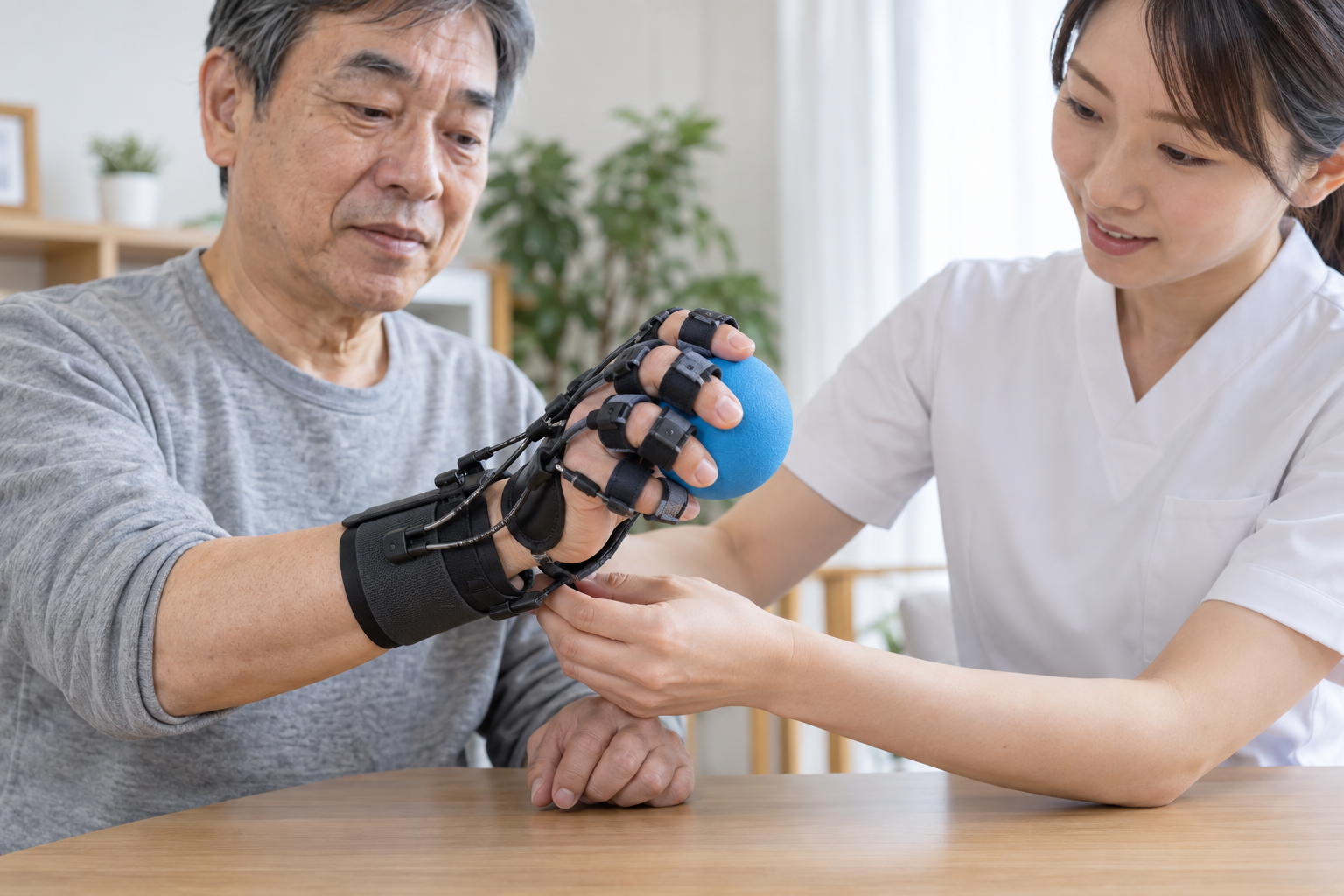ロボットグローブを装着して把持と開放を練習する手