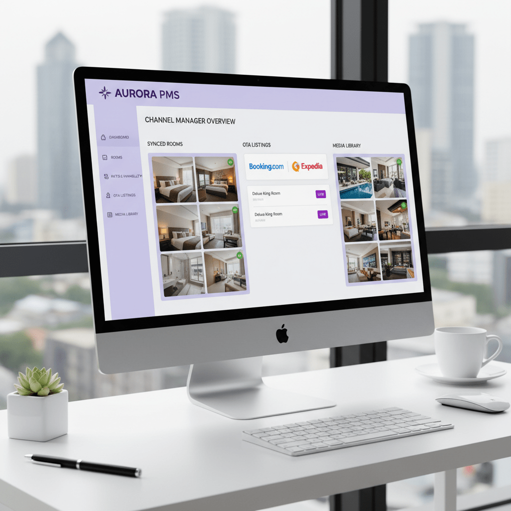 Hotel channel manager dashboard syncing listings and media