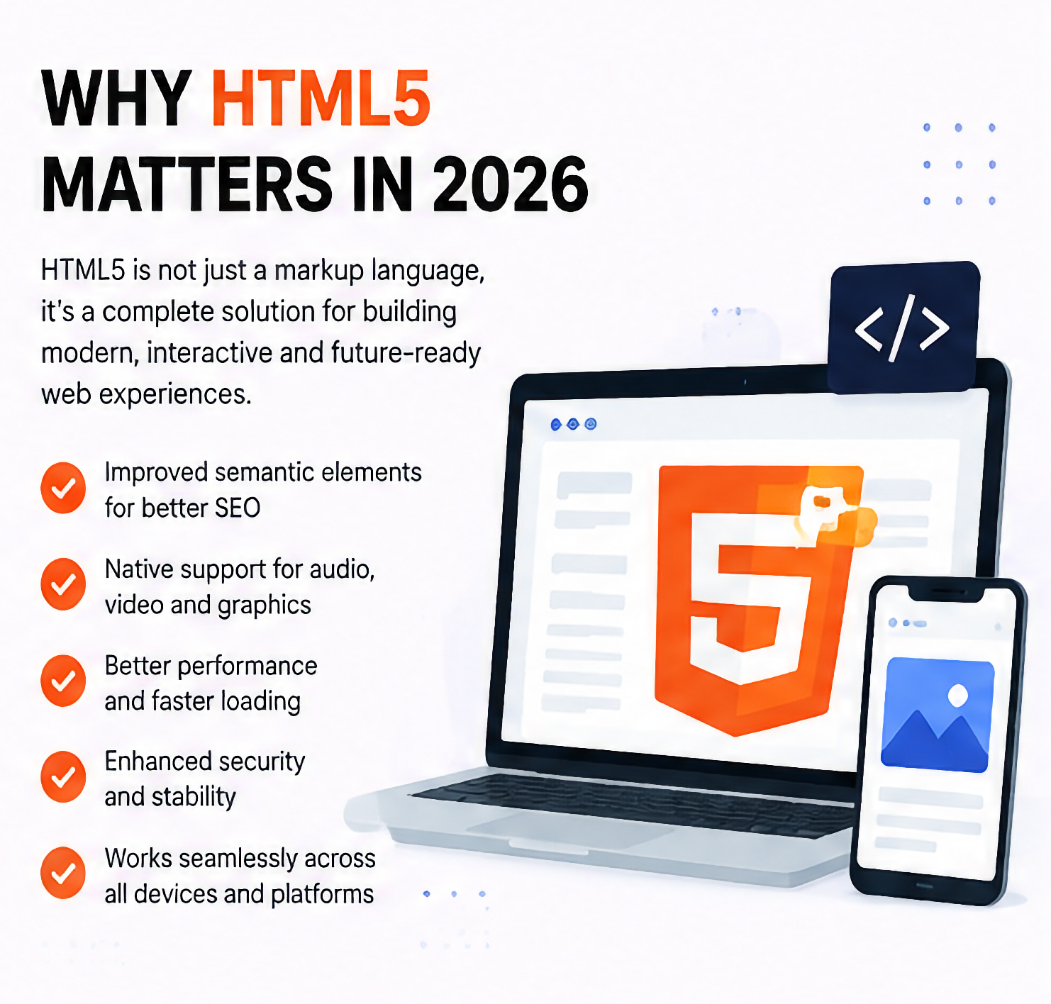 Why HTML5 Matters in 2026 benefits infographic