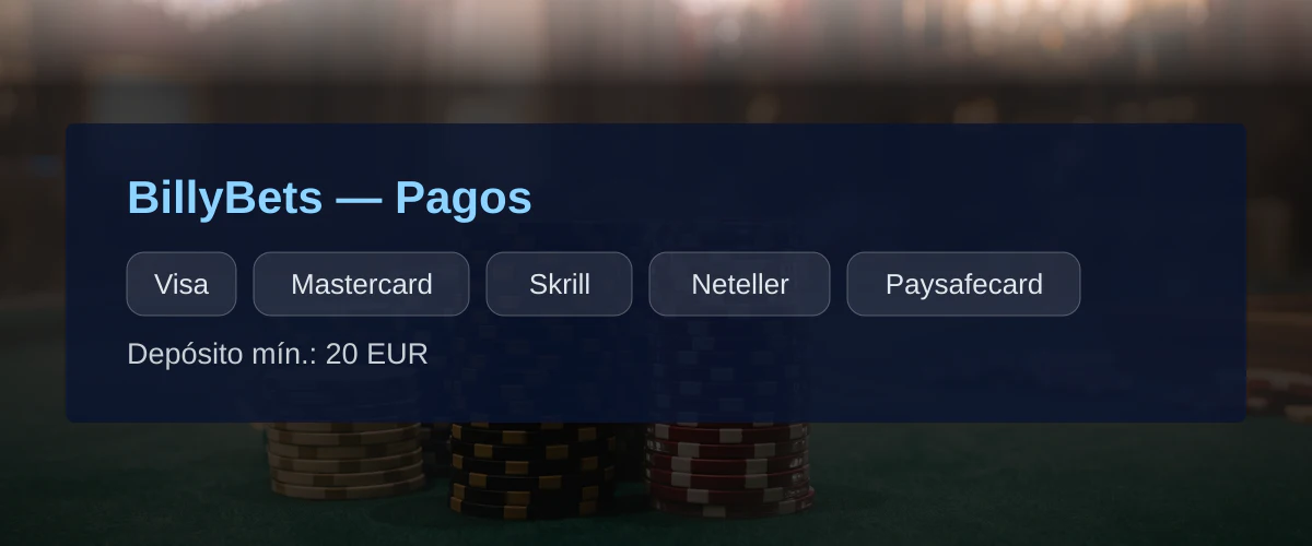 BillyBets — Pagos: Visa, Mastercard, Skrill, Neteller, Paysafecard