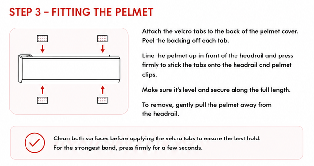 Step 3 fitting the straight pelmet using Velcro tabs