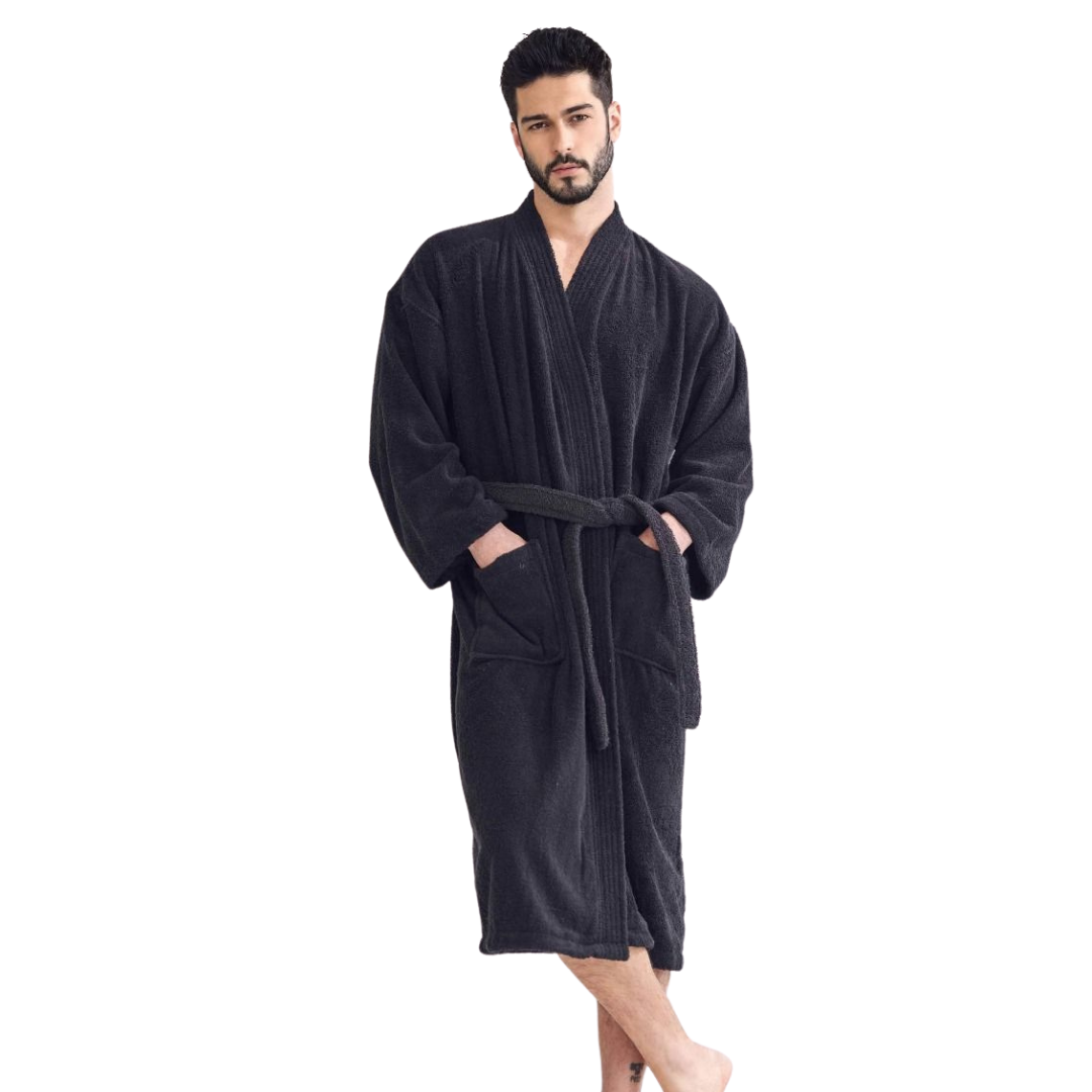 Unisex Men's Terry Cotton Black Bathrobe (One Size)