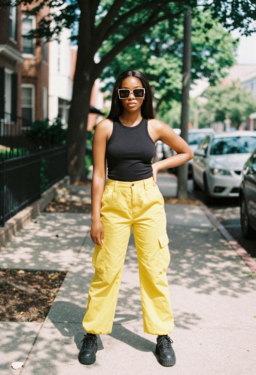 Electric yellow cargo pants with black platform sneakers on a sun-dappled city sidewalk