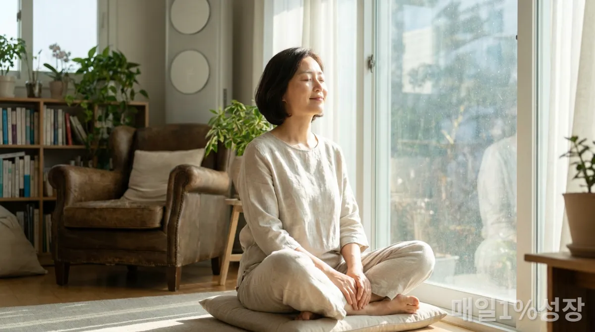 40대 한국인 여성이 햇살이 비치는 창가에서 편안하게 앉아 명상하는 모습, 평화로운 거실 배경