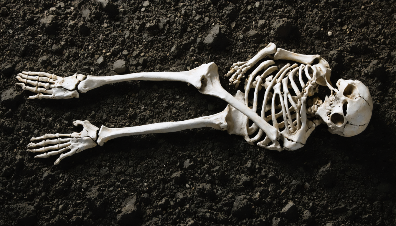 Warped skeletal remains of a medieval archer showing asymmetrical bone development.