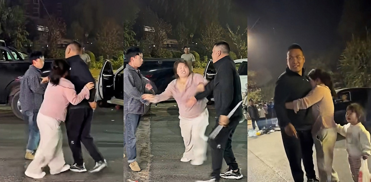 邯郸广府古城捉奸现场 丈夫暴打男三妻子拼命阻拦 最后烧电动车解恨