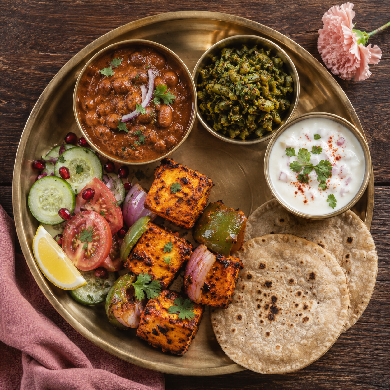 Vibrant Indian thali โ paneer tikka, rajma, saag, raita and fresh rotis