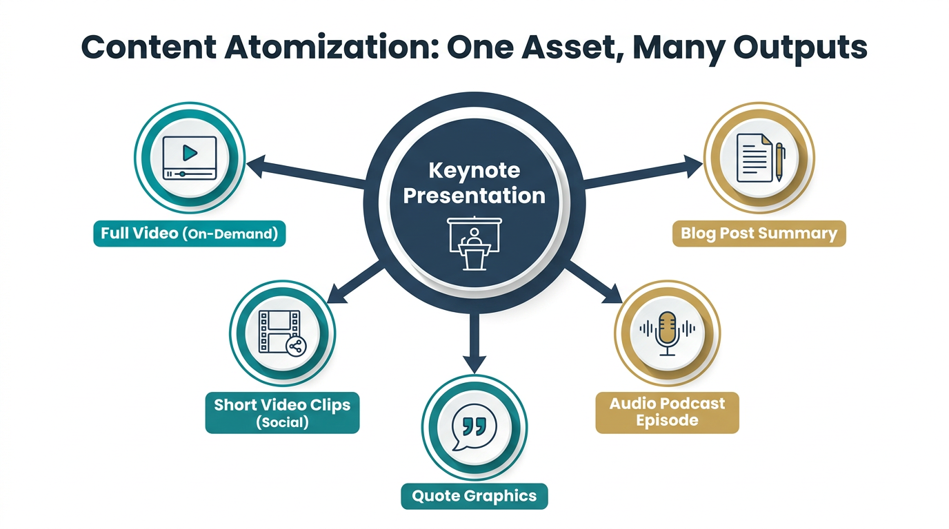 A hub-and-spoke diagram illustrating content atomization, with a central keynote presentation asset being repurposed into smaller content pieces.