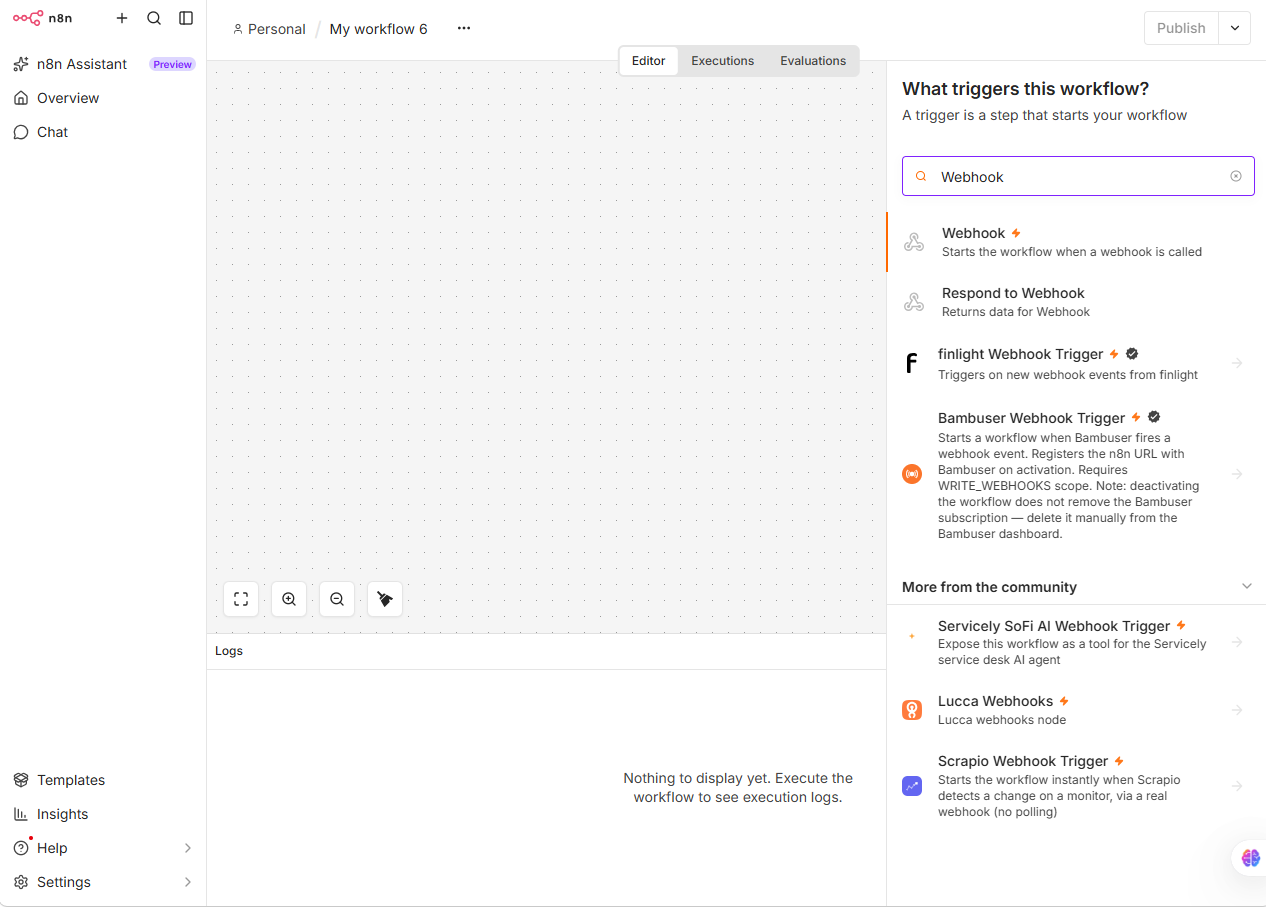 n8n webhook node search interface