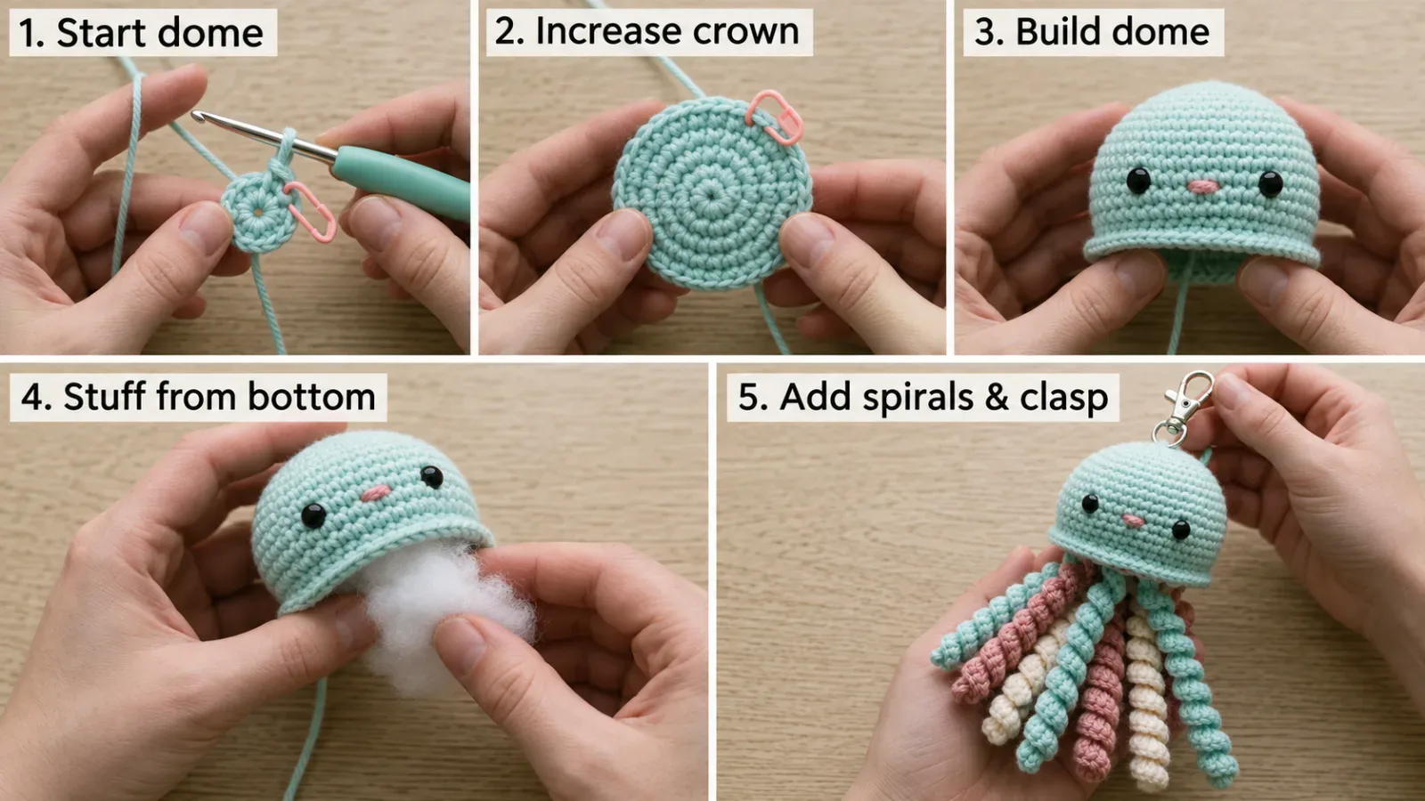 Spiral Jellyfish Keychain crochet step collage