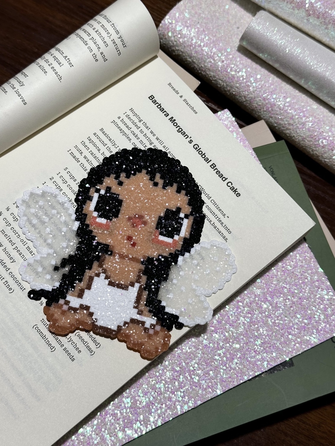 Coarse glitter heat transfer sheet method on Perler beads creating bold sparkly finish