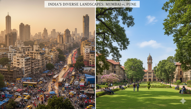 Comparison image of Mumbai's bustling cityscape and Pune's relaxed university campus.