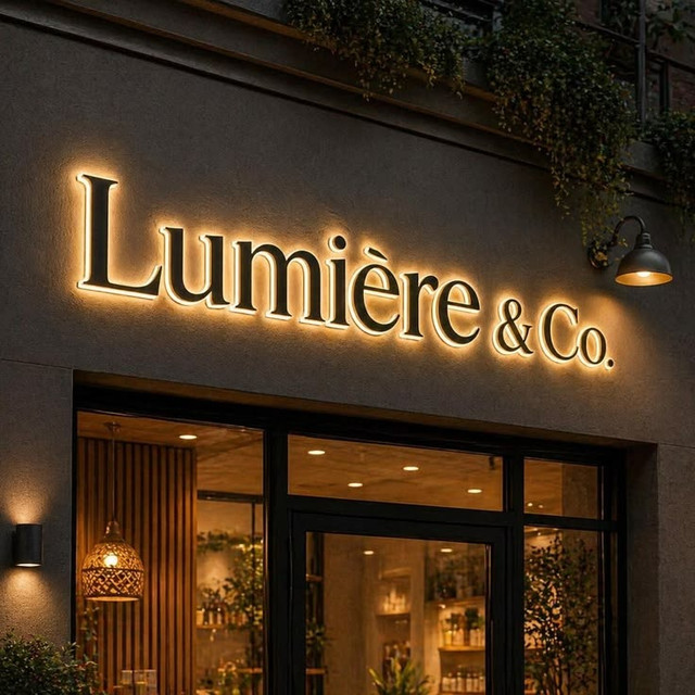 Illuminated storefront sign on commercial retail building at night