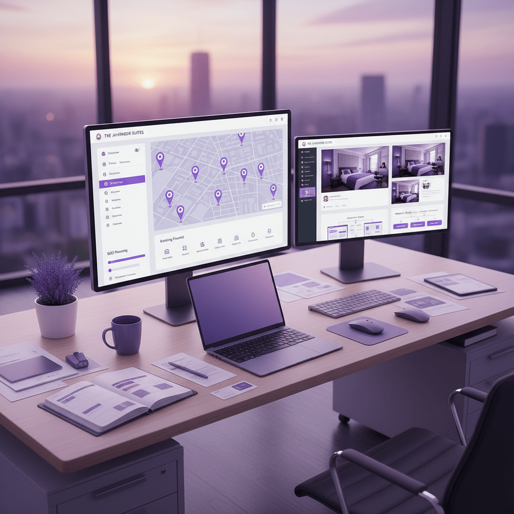 Hotel website SEO planning with local map pins, room pages, and booking funnel visuals