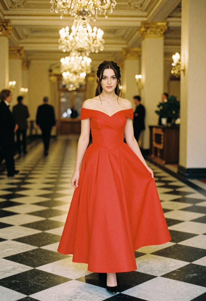 Sweeping crimson ball gown across marble ballroom floor at charity gala