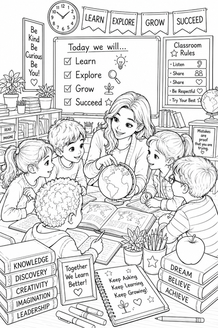 Printable Classroom Learning Adventure colouring page for kids