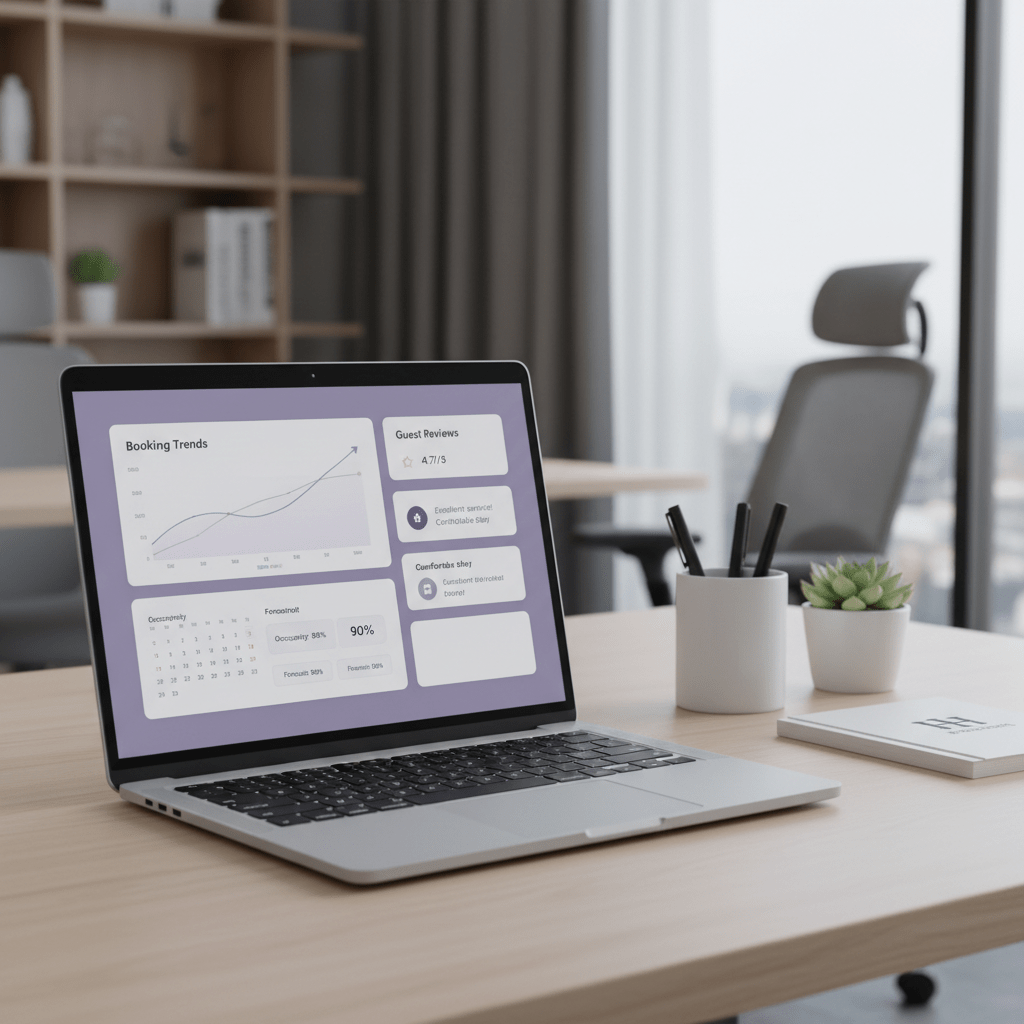 A modern hotel revenue dashboard on a laptop beside a neatly styled desk